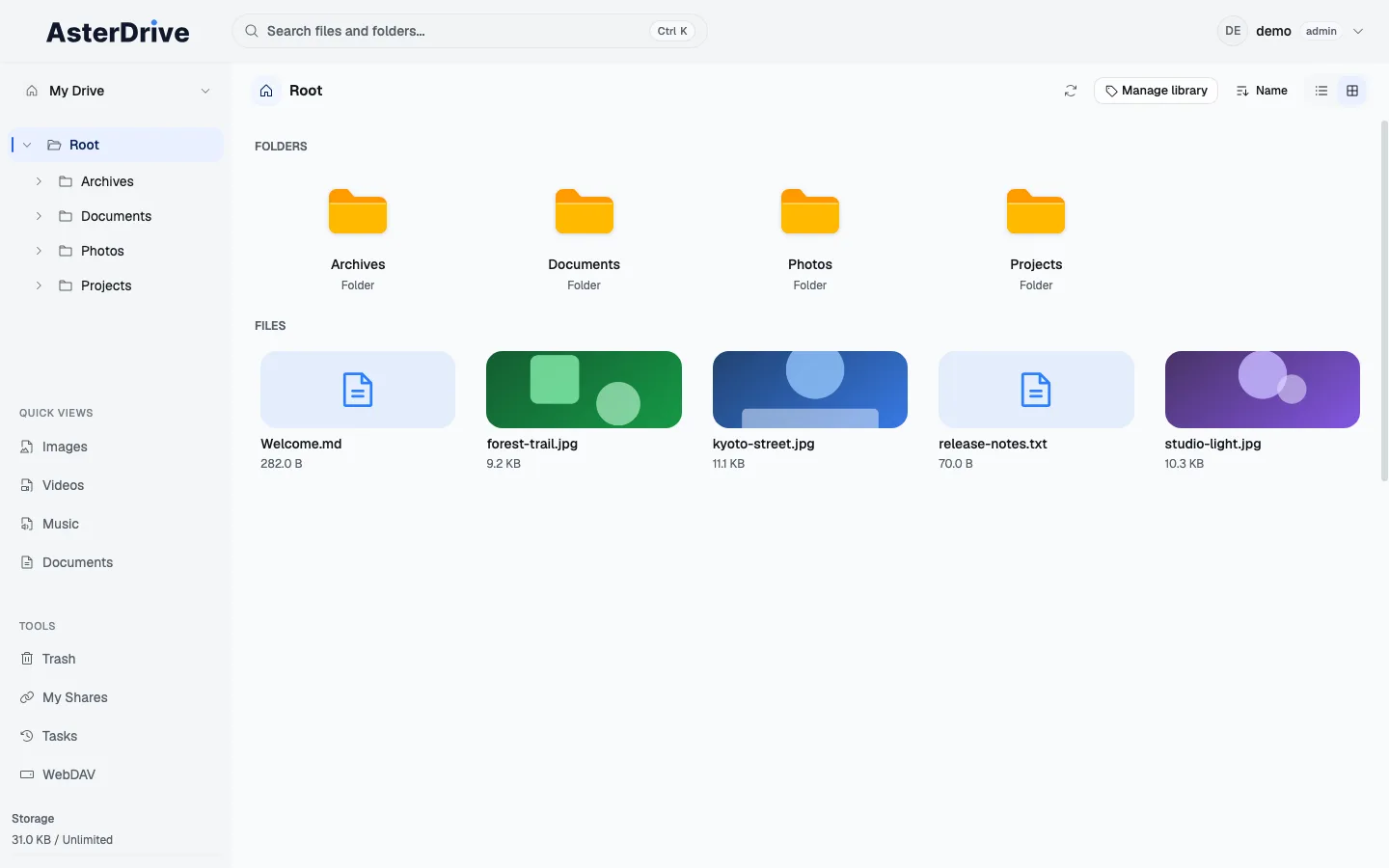 AsterDrive web panel screenshot